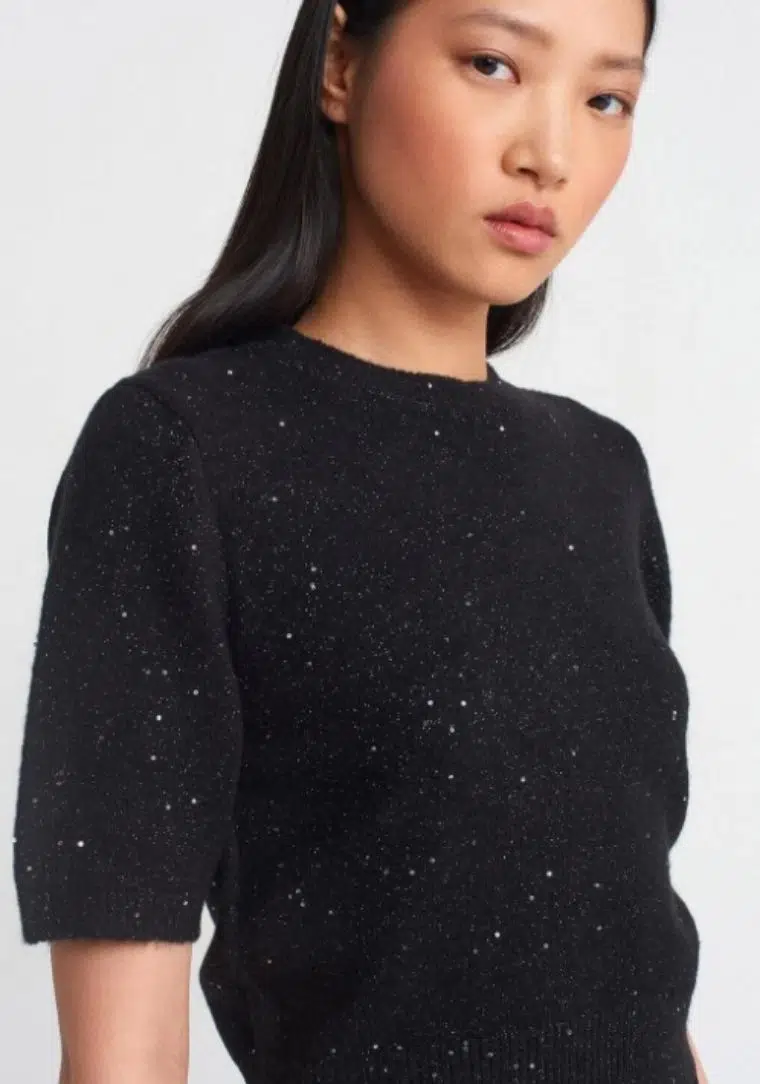 Bisiklet Yaka Pullu Simli Triko Kazak 