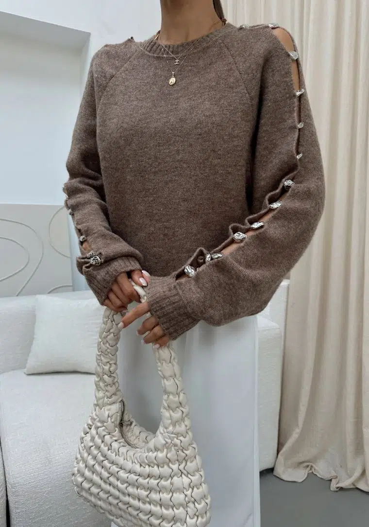 Bisiklet Yaka Aksesuar Detaylı Triko Kazak 