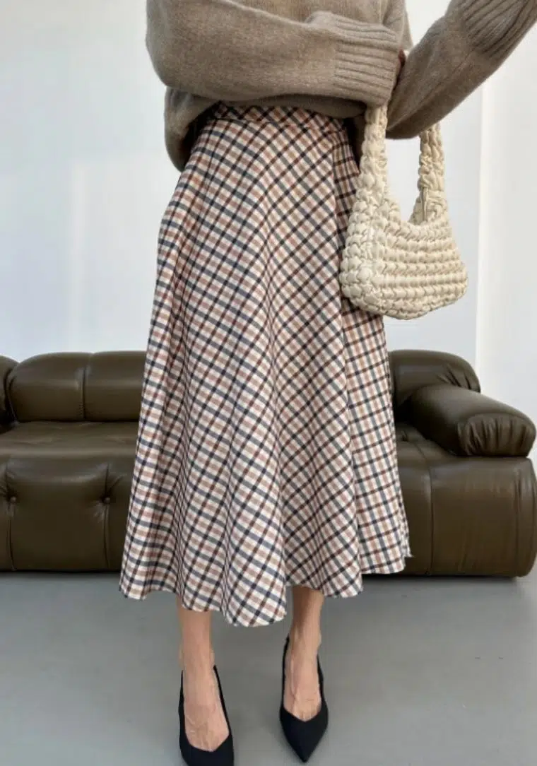 MOODAY Ekose Desenli Süet Midi Etek 