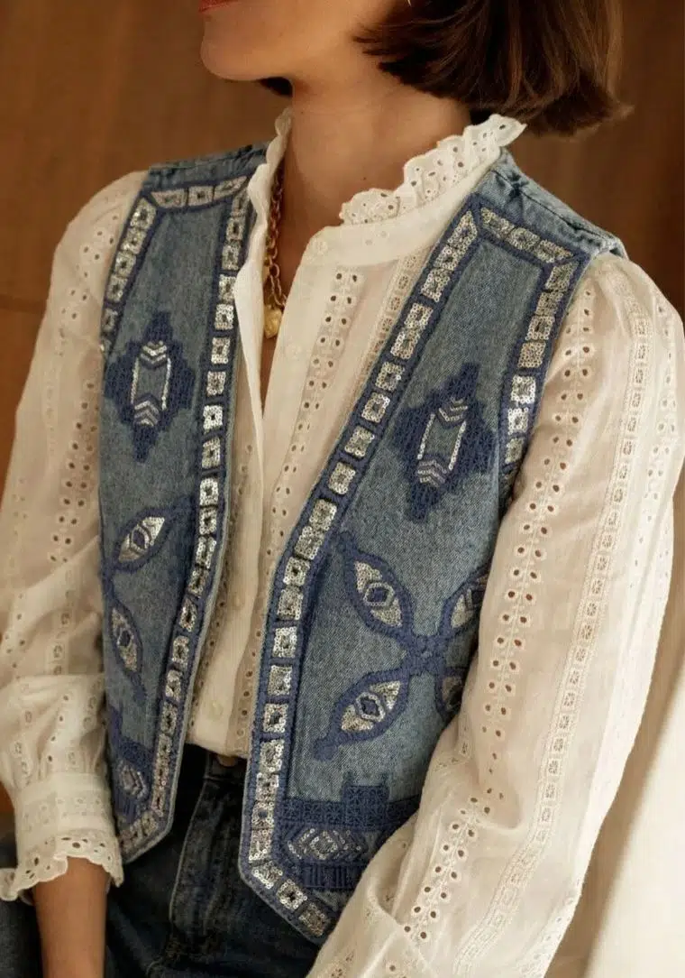 Pul İşlemeli Kot Yelek 