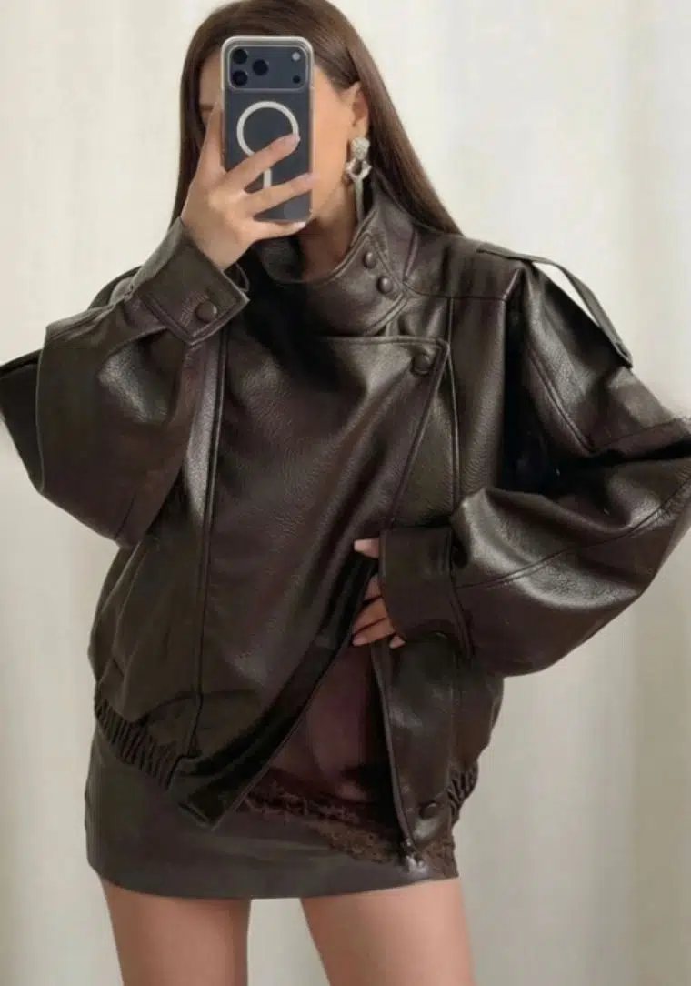 Kaplama Düğme Detay Deri Ceket 