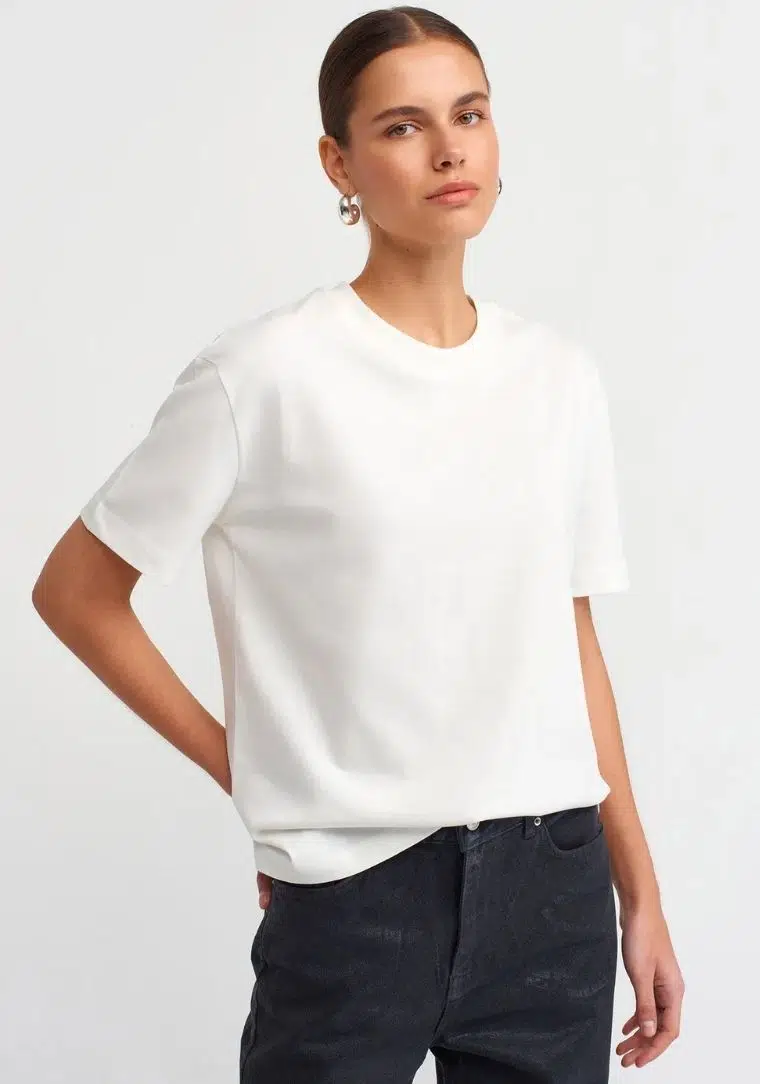 30312 DİL Dekoratif Dikişli Bisiklet Yaka Tshirt 