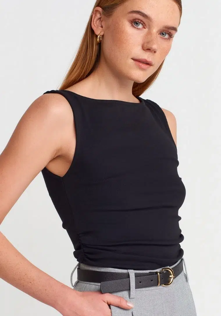 31589 DİL Büzgülü Kayık Yaka Top 