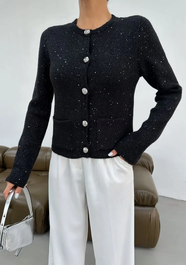 Bisiklet Yaka Pullu Simli Düğmeli Triko Hırka 