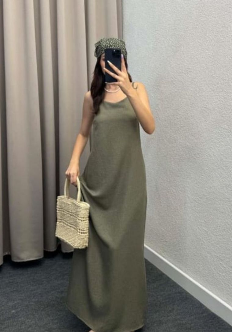 KDR-044 PCK Askılı Keten Düz Elbise 
