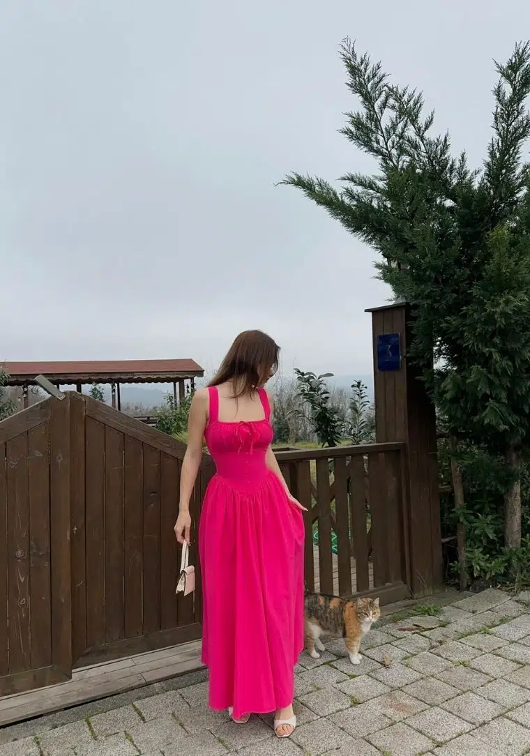 Askılı Bel Korse Düğme Detay Midi Elbise 