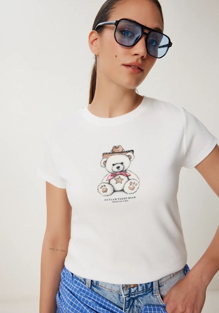 S0017700 BSM B.Yaka Ayıcık Baskılı Kısakol T-shirt 